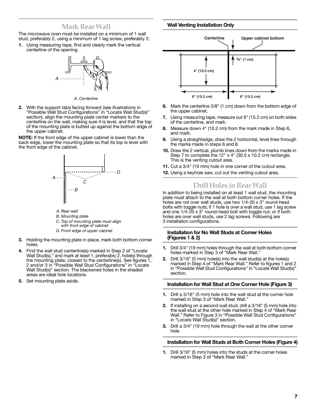 KitchenAid Microwave Oven Mark Rear Wall, Drill Holes in Rear Wall, Installation for Wall Stud at One Corner Hole Figure 