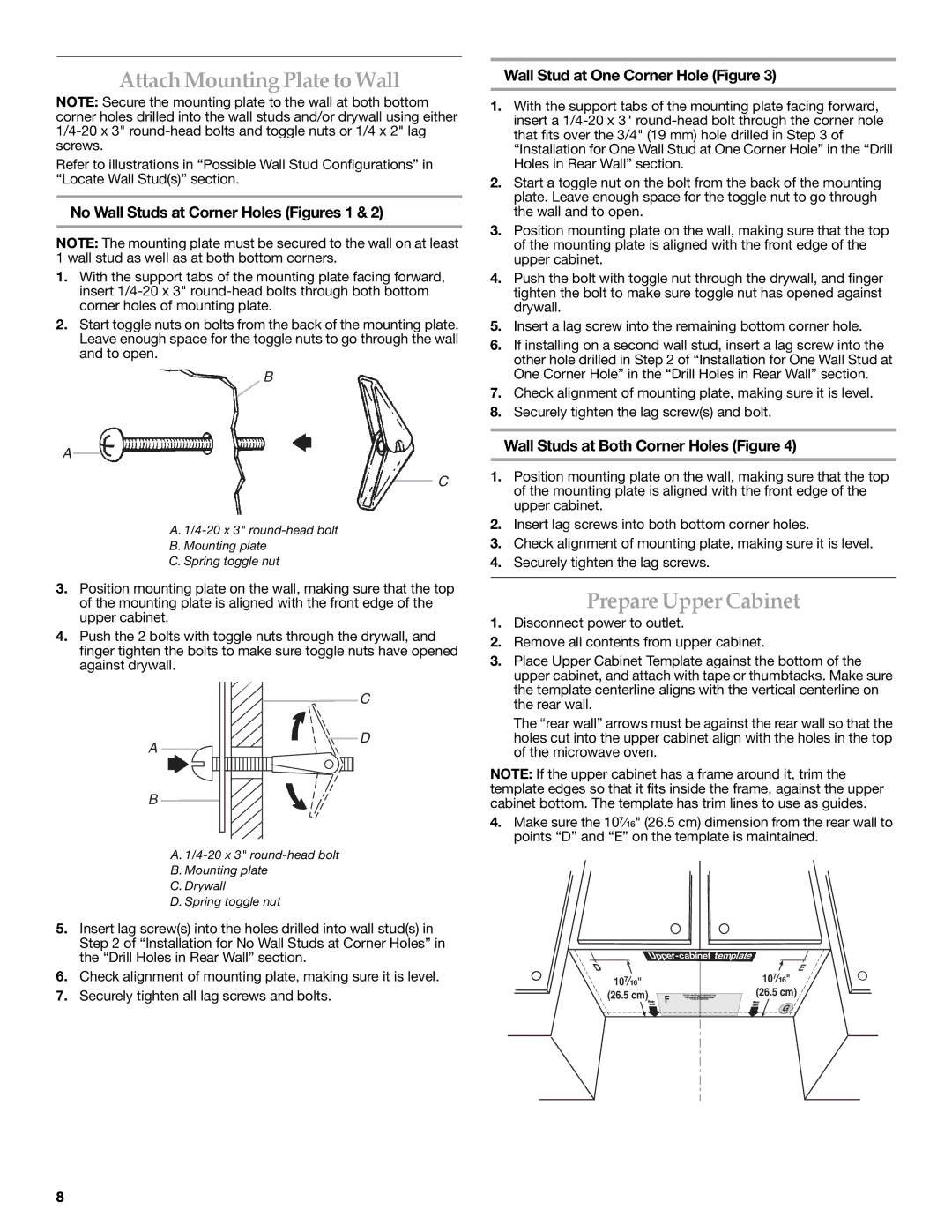 KitchenAid Microwave Oven Attach Mounting Plate to Wall, Prepare Upper Cabinet, No Wall Studs at Corner Holes Figures 1 