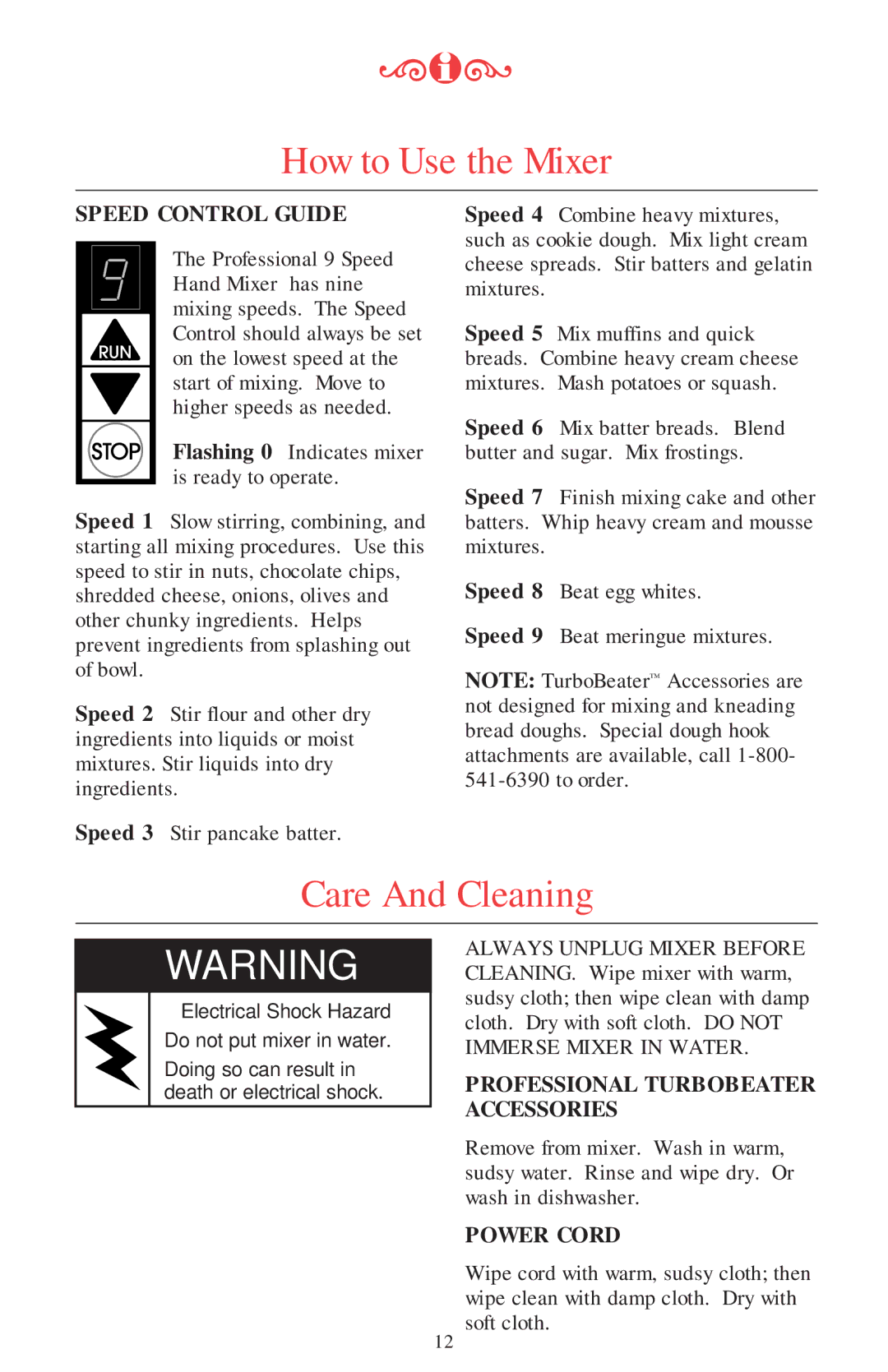 KitchenAid Mixer manual Care And Cleaning, Speed Control Guide, Professional Turbobeater Accessories, Power Cord 