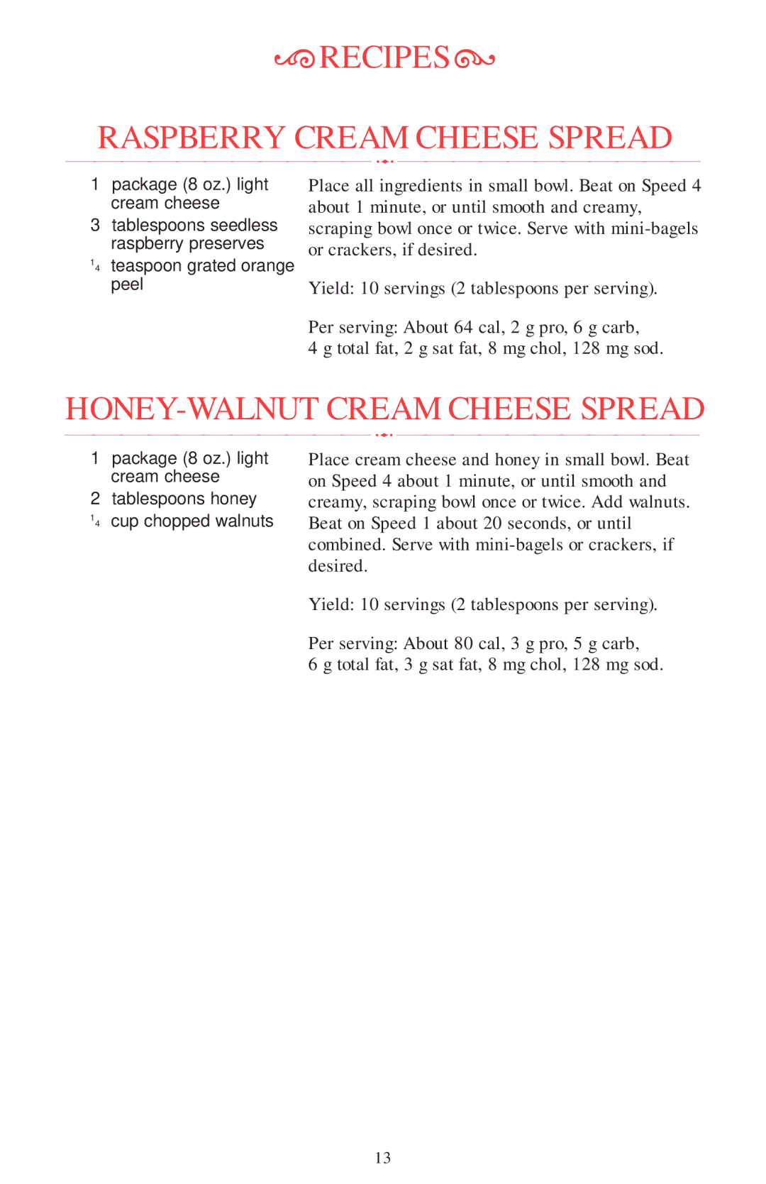 KitchenAid Mixer manual Recipes b, Raspberry Cream Cheese Spread, HONEY-WALNUT Cream Cheese Spread 