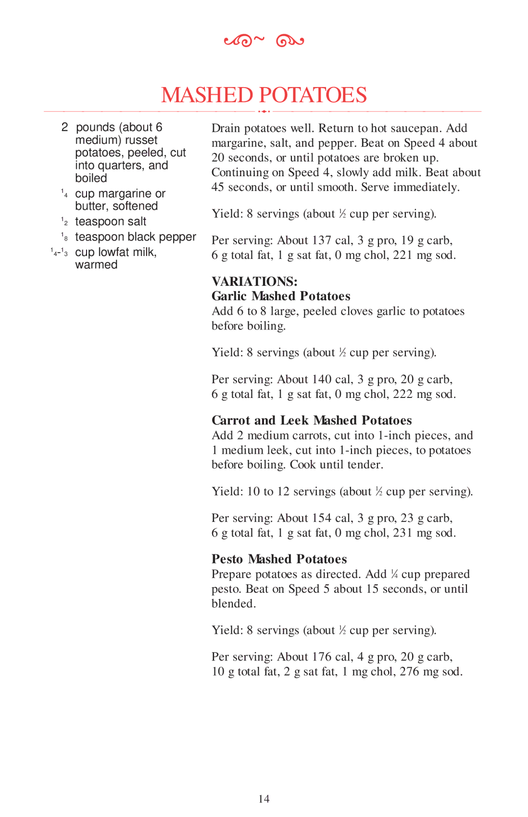 KitchenAid Mixer manual Variations, Garlic Mashed Potatoes, Carrot and Leek Mashed Potatoes, Pesto Mashed Potatoes 