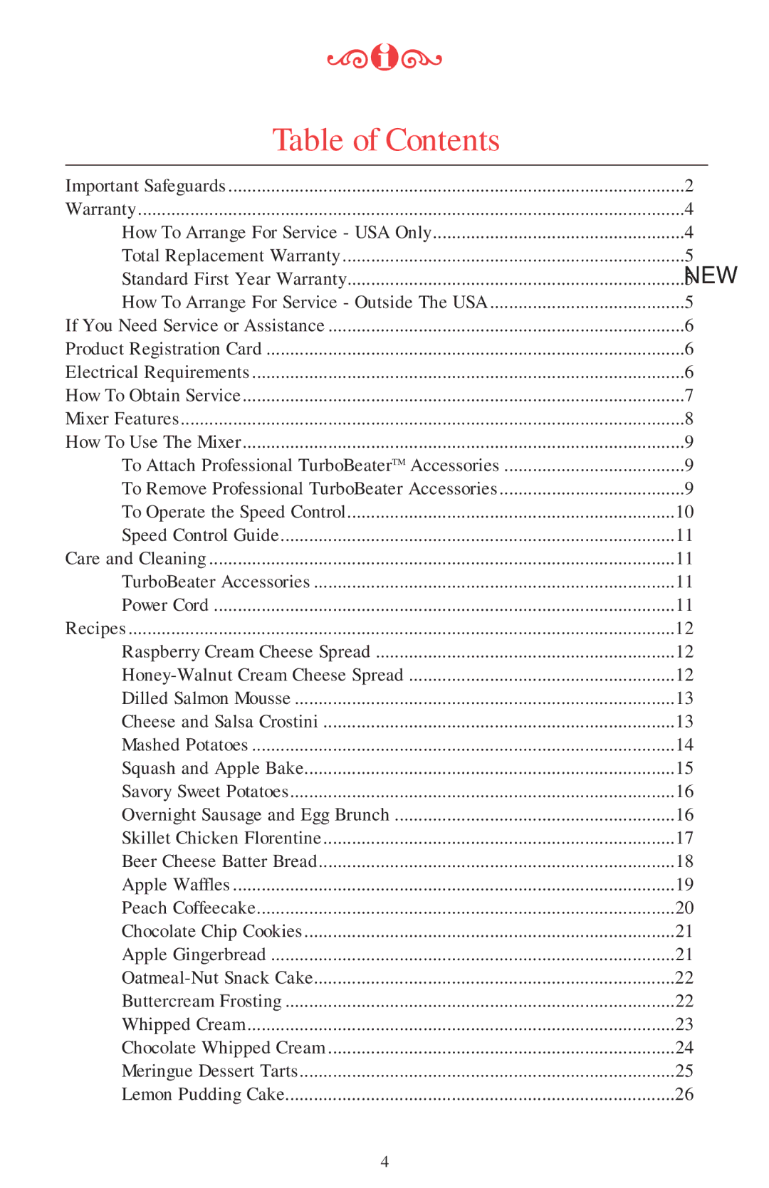 KitchenAid Mixer manual Table of Contents 