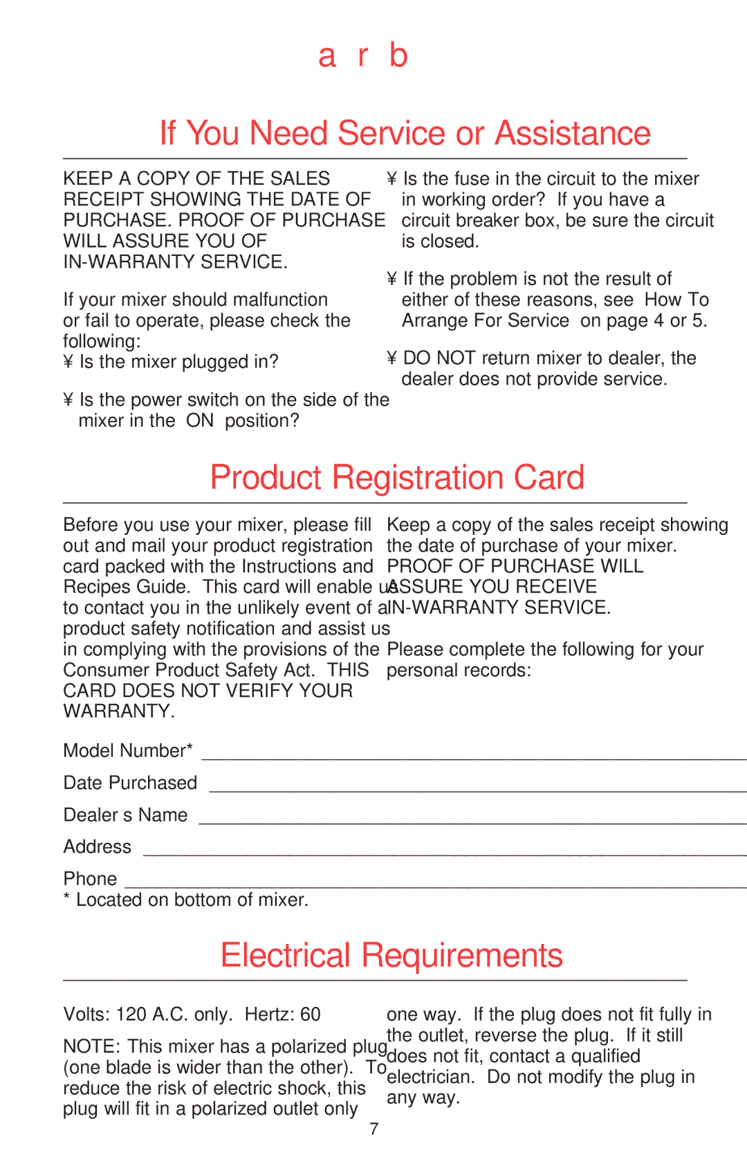 KitchenAid Mixer manual If You Need Service or Assistance, Product Registration Card, Electrical Requirements 