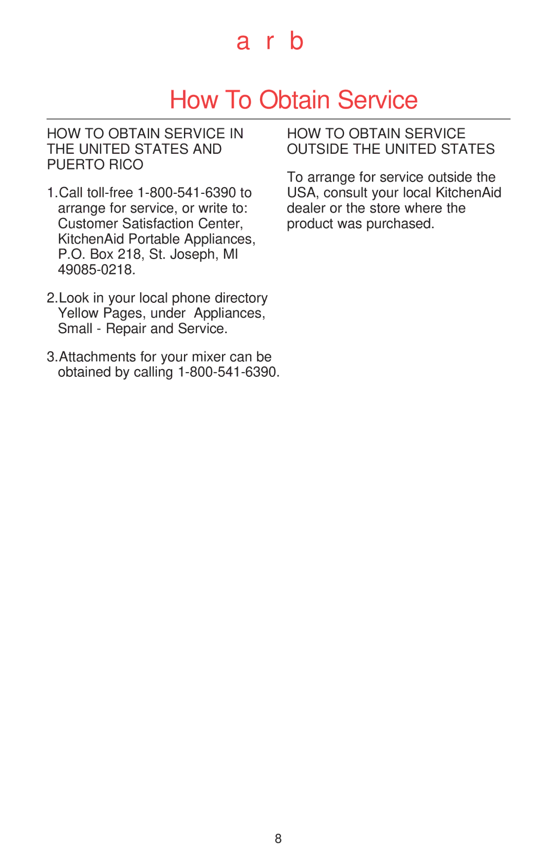 KitchenAid Mixer manual How To Obtain Service, HOW to Obtain Service in the United States and Puerto Rico 