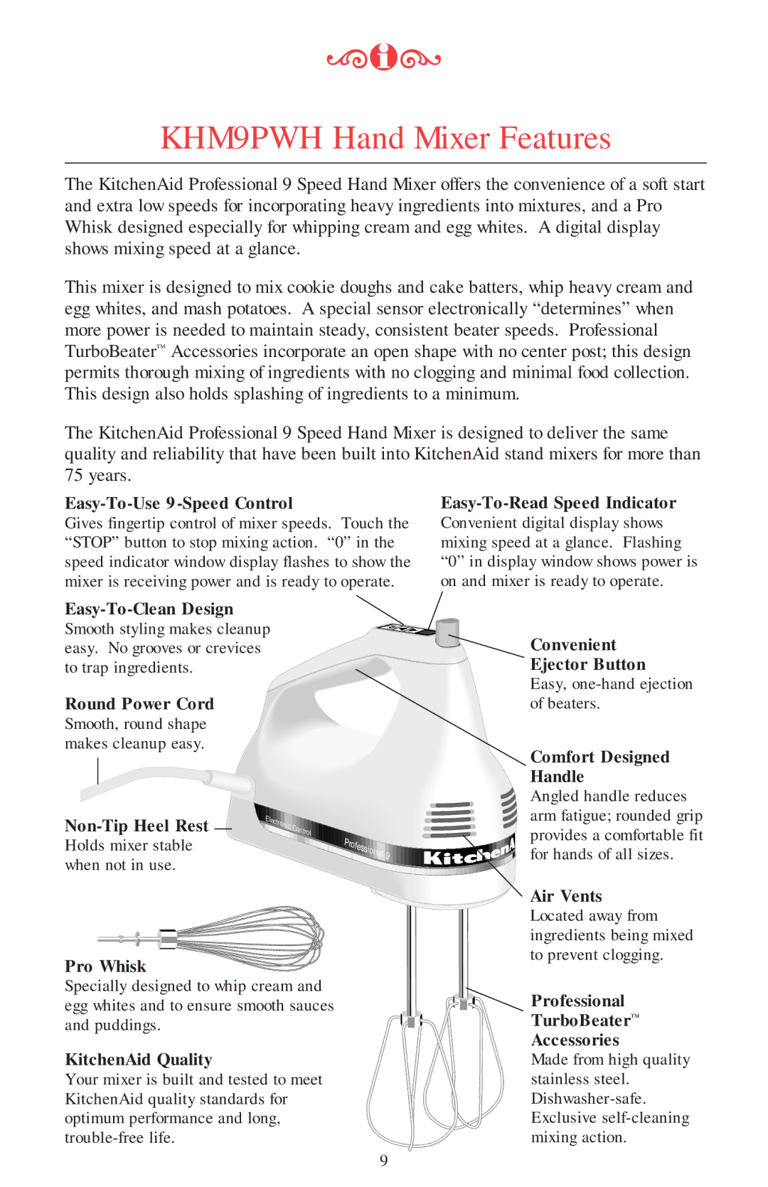 KitchenAid manual KHM9PWH Hand Mixer Features, Easy-To-Use 9-Speed Control 