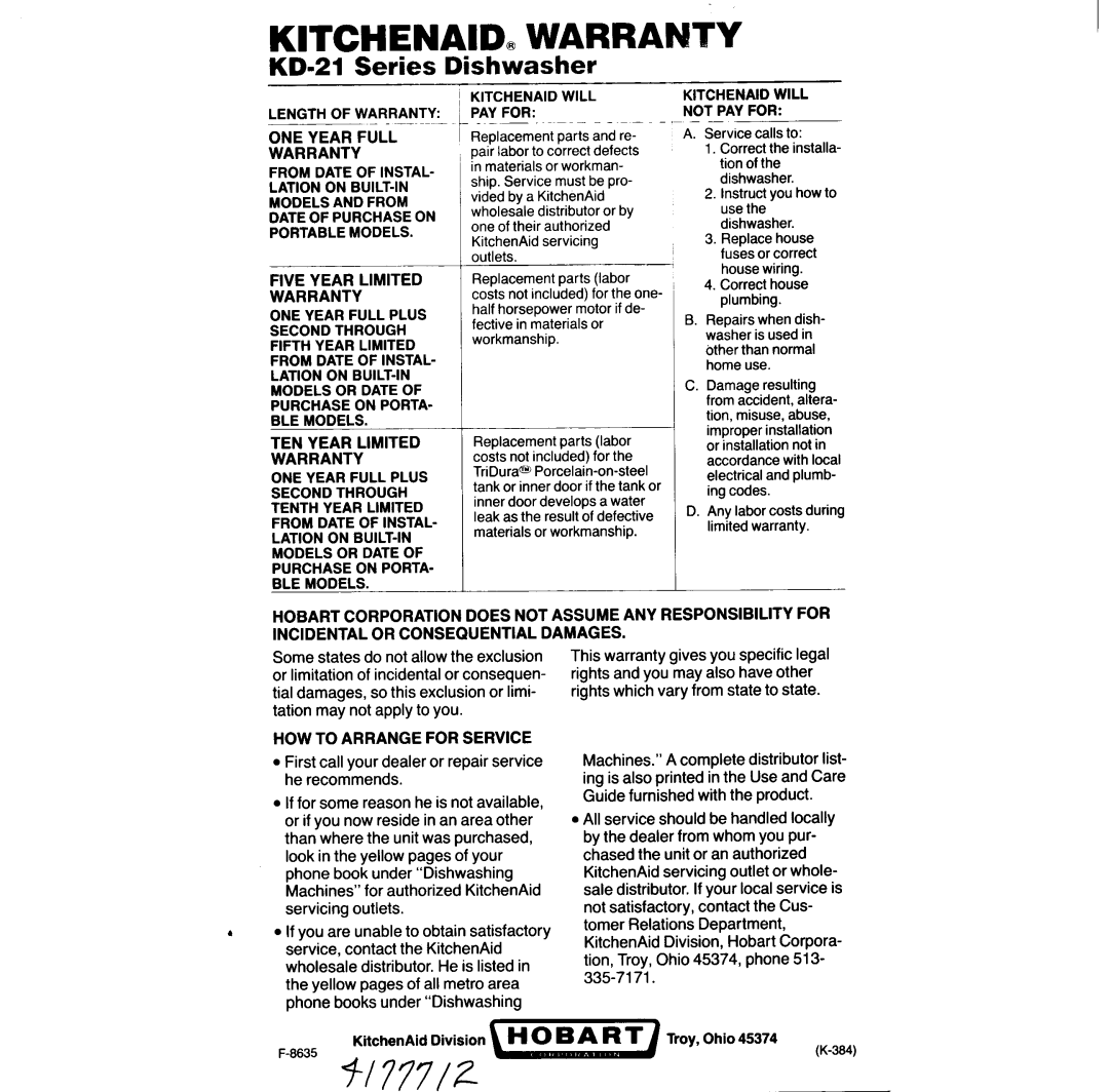 KitchenAid Model KDC-21D manual 