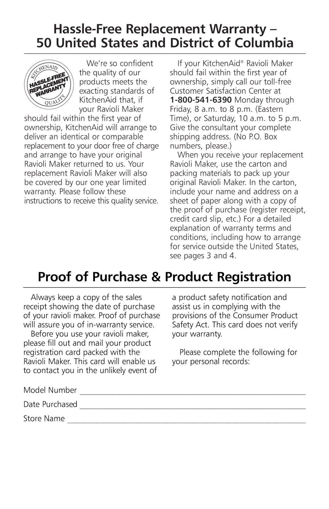 KitchenAid Model KRAV manual Proof of Purchase & Product Registration 