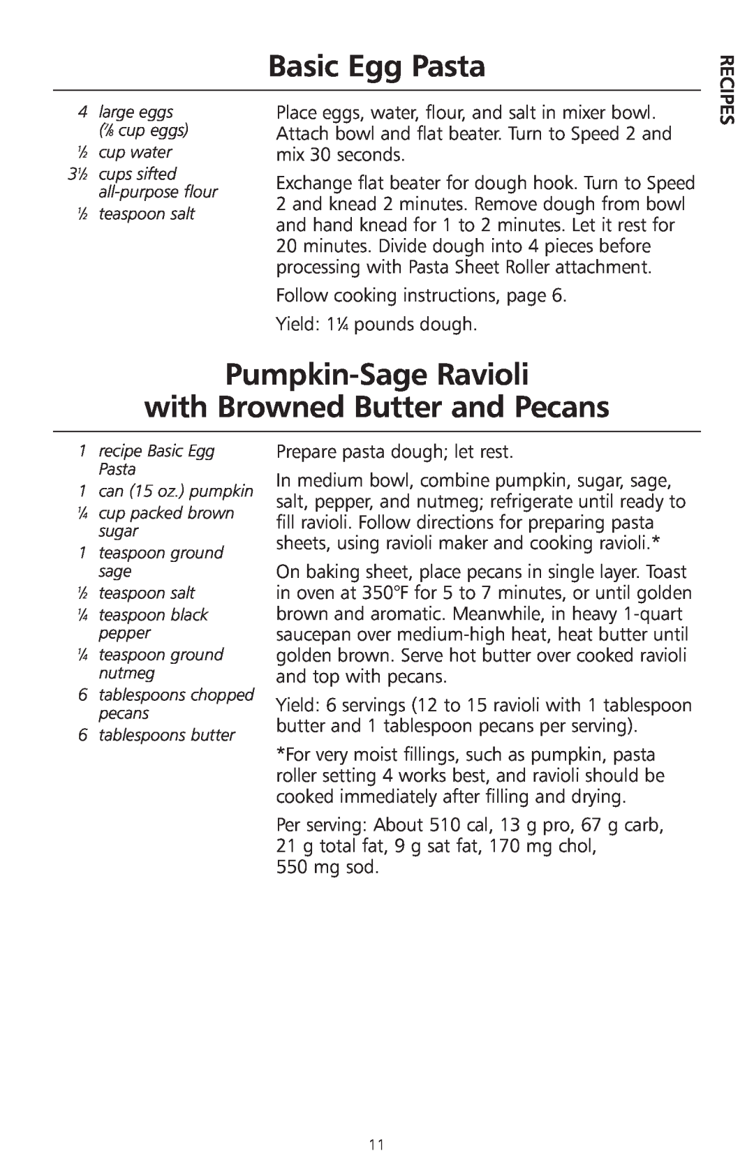 KitchenAid Model KRAV manual Basic Egg Pasta, Pumpkin-SageRavioli, with Browned Butter and Pecans 