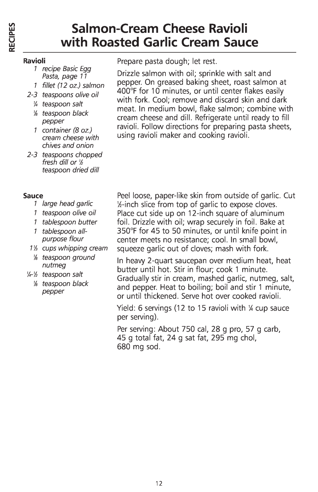 KitchenAid Model KRAV manual Salmon-CreamCheese Ravioli, with Roasted Garlic Cream Sauce, Recipes 