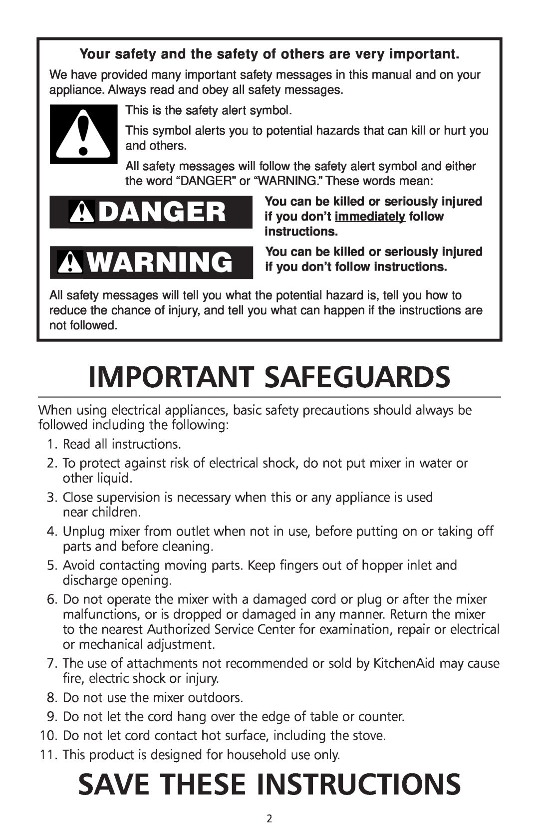 KitchenAid Model KRAV manual Important Safeguards, Save These Instructions 