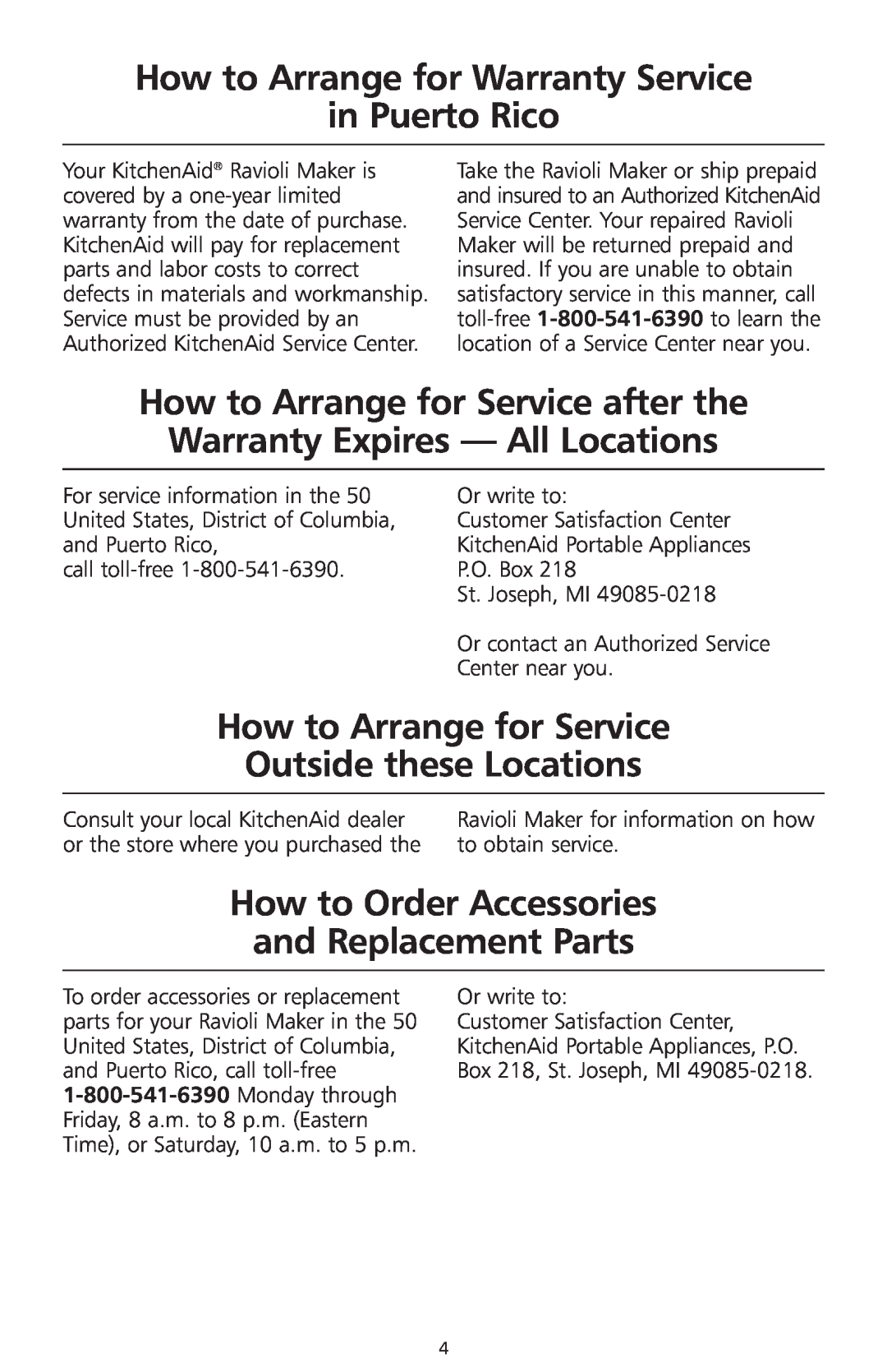 KitchenAid Model KRAV manual How to Arrange for Warranty Service, in Puerto Rico, How to Arrange for Service 