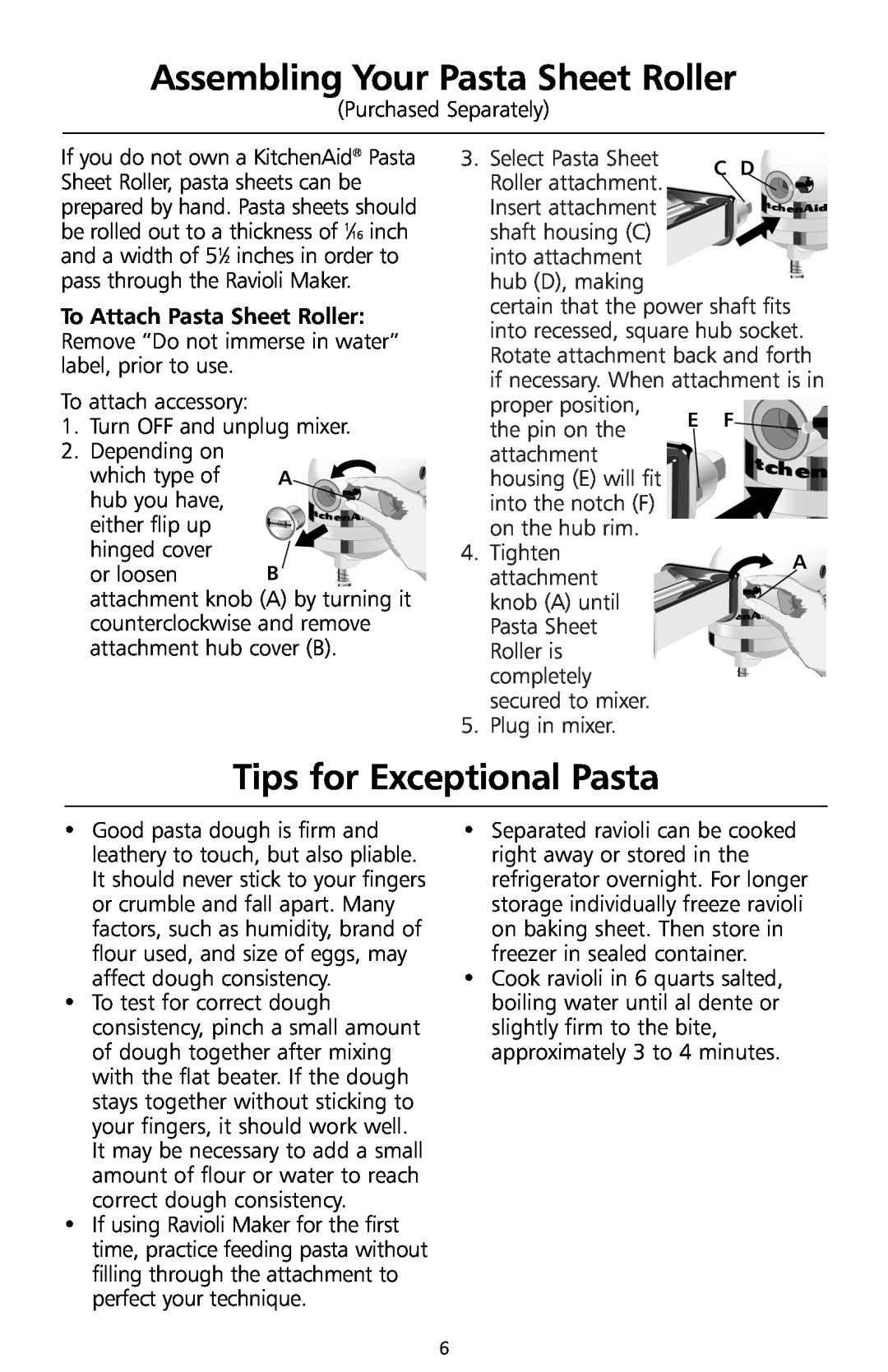KitchenAid Model KRAV manual Assembling Your Pasta Sheet Roller, Tips for Exceptional Pasta 