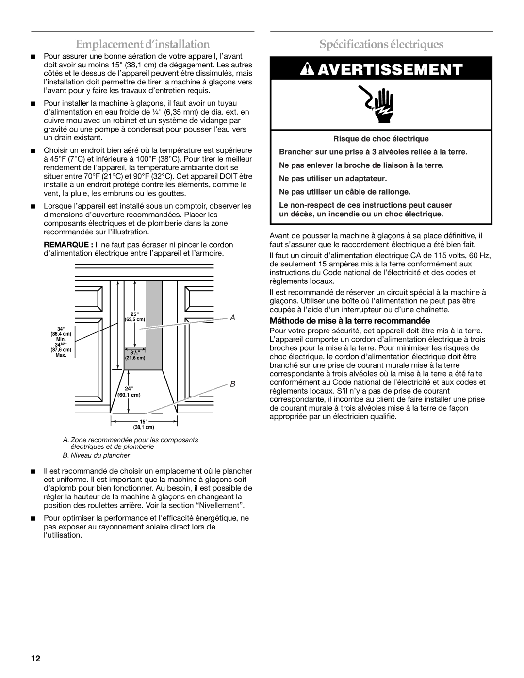 KitchenAid OUTDOOR ICE MAKER manual Emplacement d’installation, Spécifications électriques 