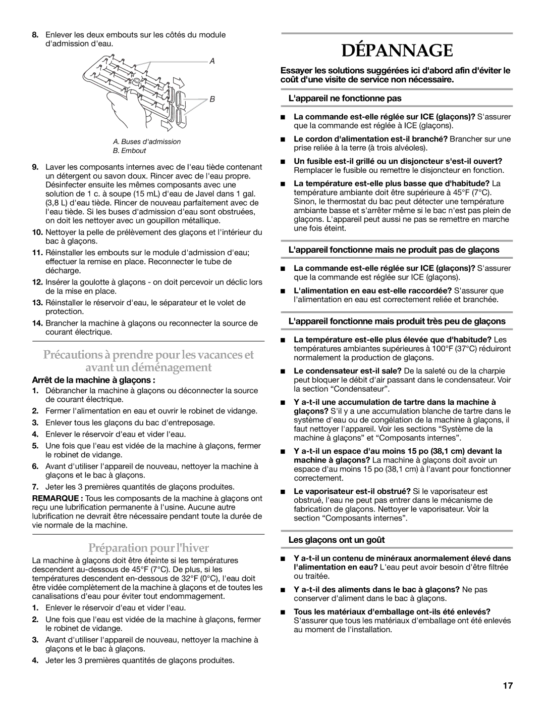 KitchenAid OUTDOOR ICE MAKER manual Dépannage, Préparation pour lhiver 