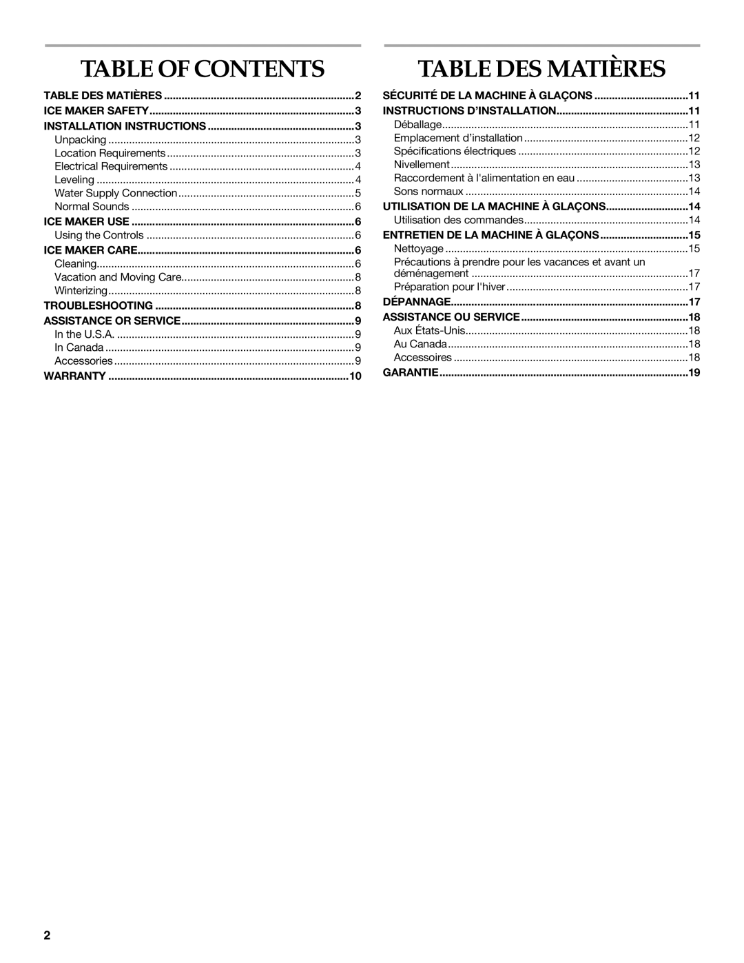 KitchenAid OUTDOOR ICE MAKER manual Table of Contents, Table DES Matières 