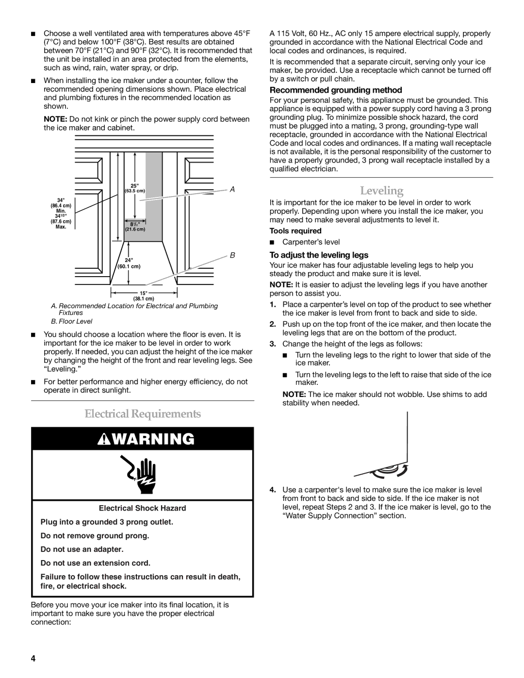 KitchenAid OUTDOOR ICE MAKER Electrical Requirements, Leveling, Recommended grounding method, To adjust the leveling legs 