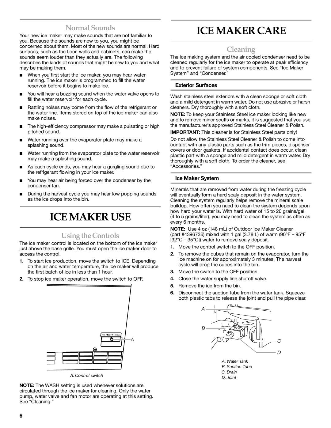 KitchenAid OUTDOOR ICE MAKER manual ICE Maker USE, ICE Maker Care, Normal Sounds, Using the Controls, Cleaning 