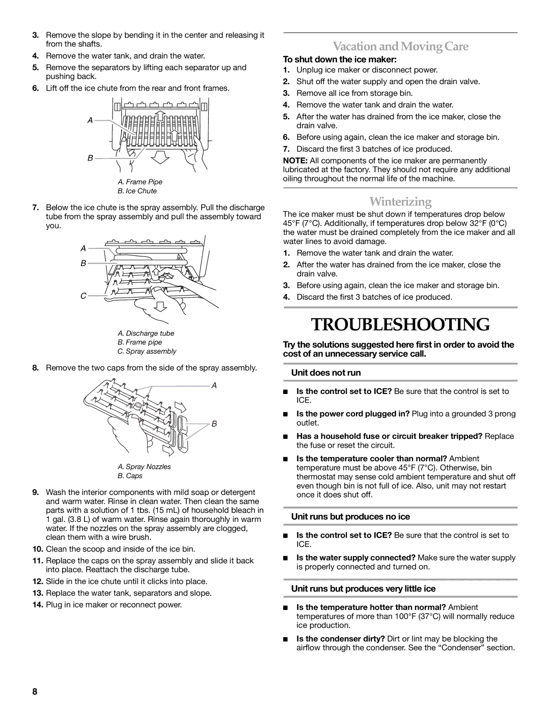 KitchenAid OUTDOOR ICE MAKER manual Troubleshooting, Vacation and Moving Care, Winterizing 