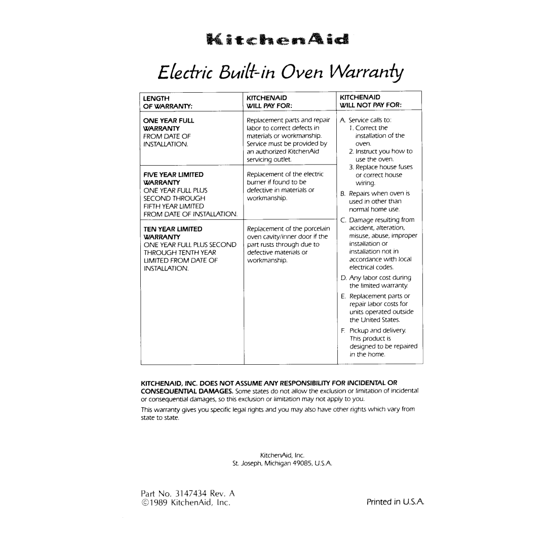 KitchenAid Oven, KEBI200V, KEBI100V, 122 manual 