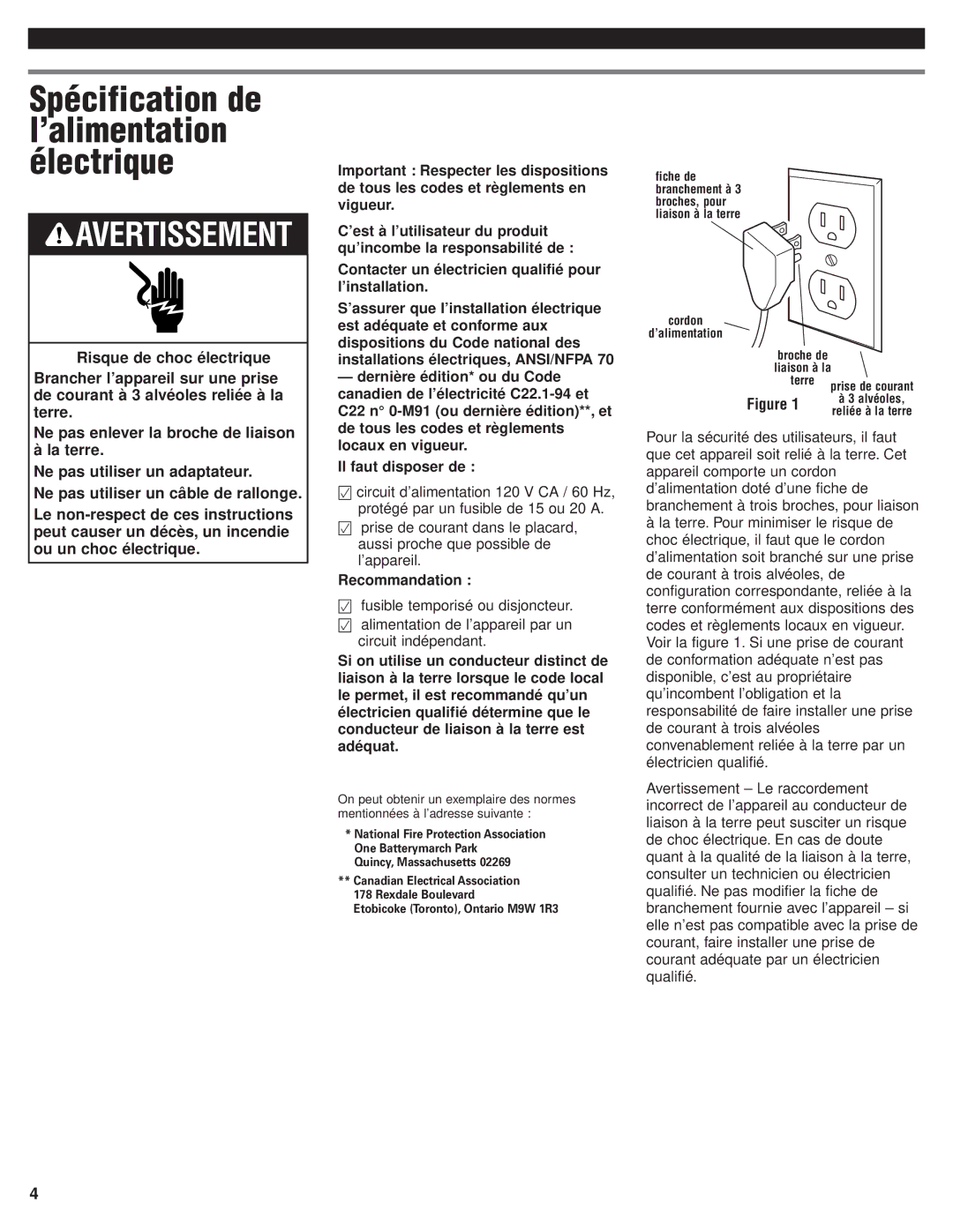 KitchenAid Oven installation instructions Spécification de l’alimentation électrique, Recommandation 