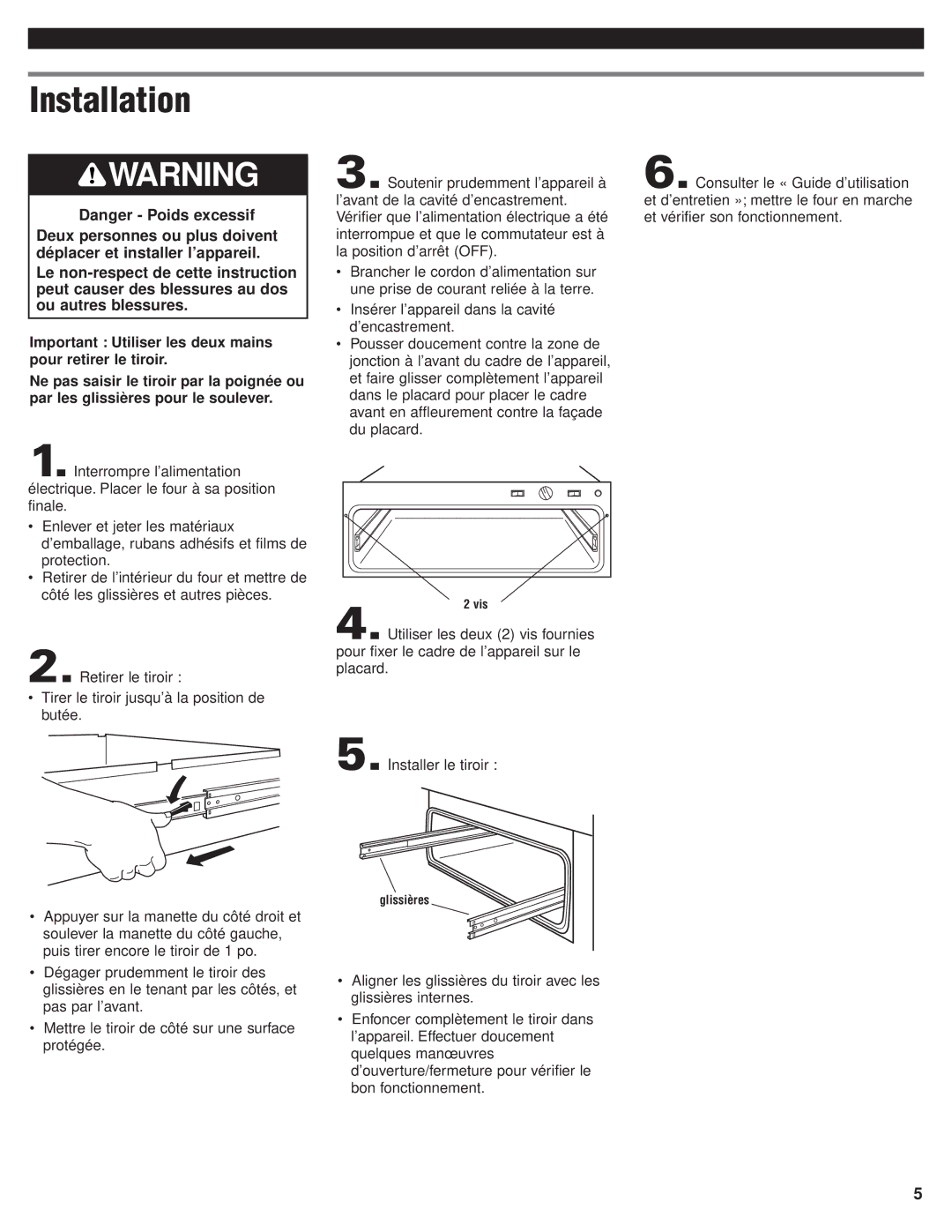 KitchenAid Oven installation instructions Installation, Insérer l’appareil dans la cavité d’encastrement 