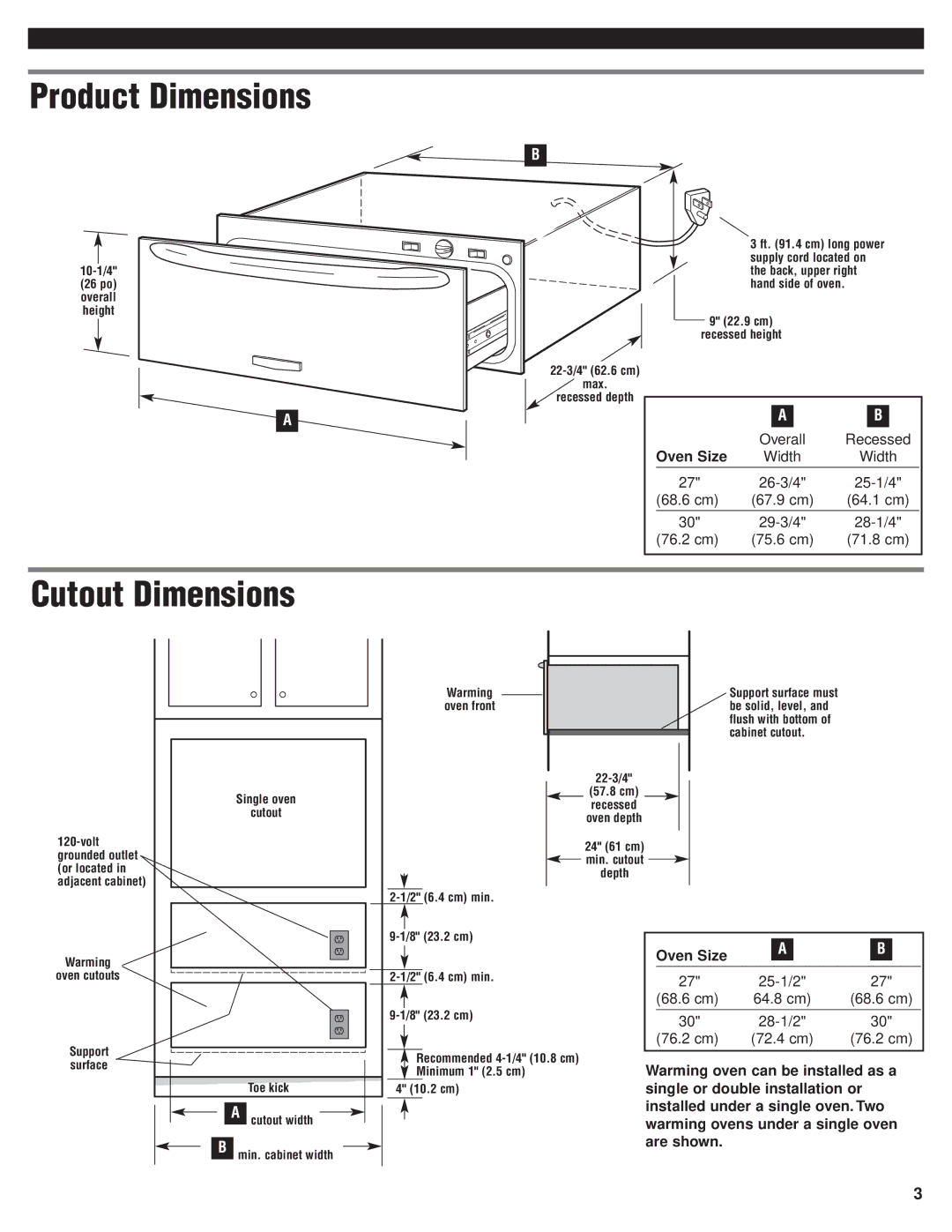 KitchenAid Oven installation instructions Product Dimensions, Cutout Dimensions 