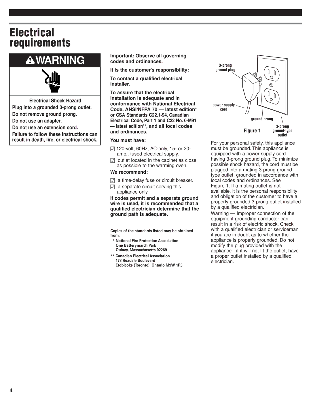 KitchenAid Oven Electrical requirements, Do not use an adapter Do not use an extension cord, We recommend 