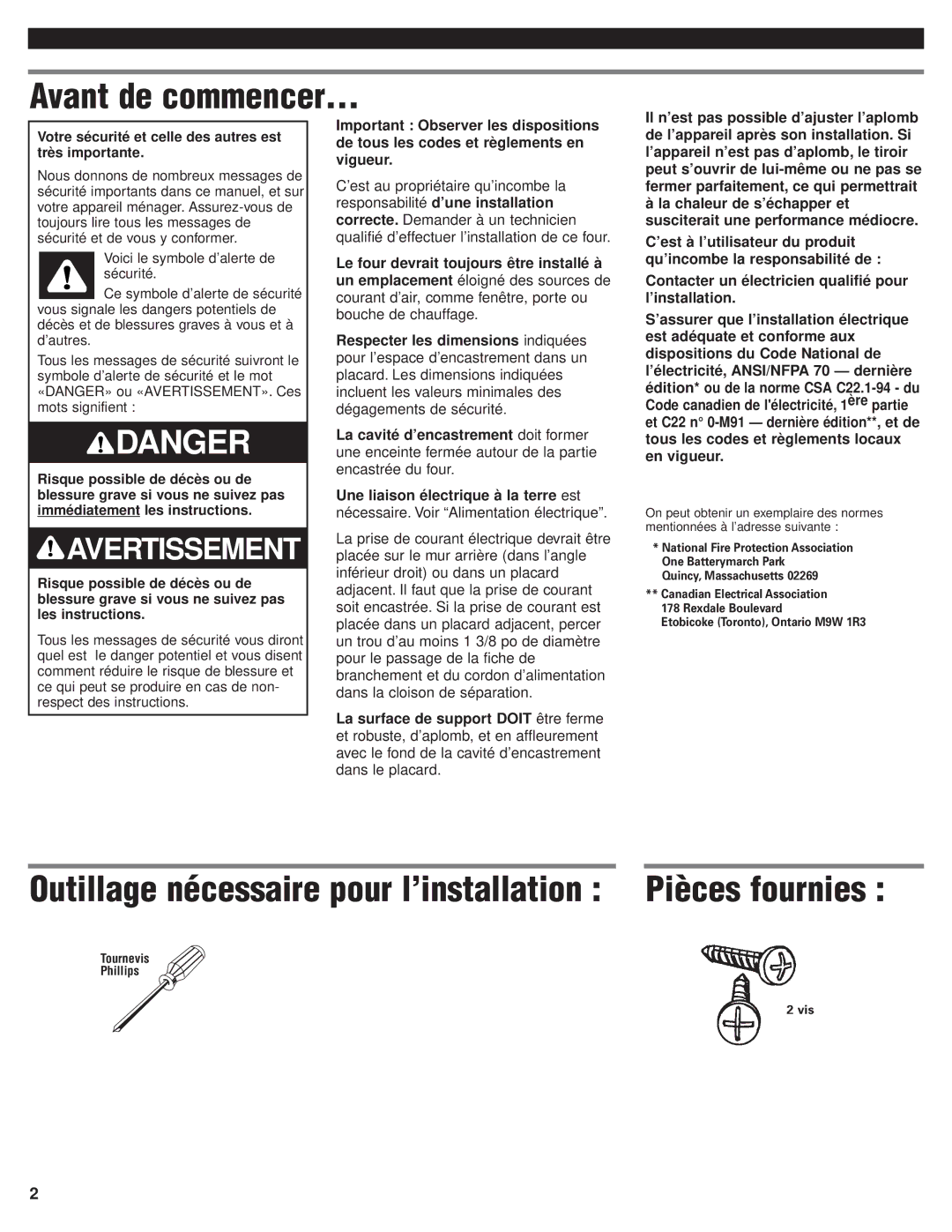 KitchenAid Oven installation instructions Avant de commencer…, Outillage nécessaire pour l’installation Pièces fournies 