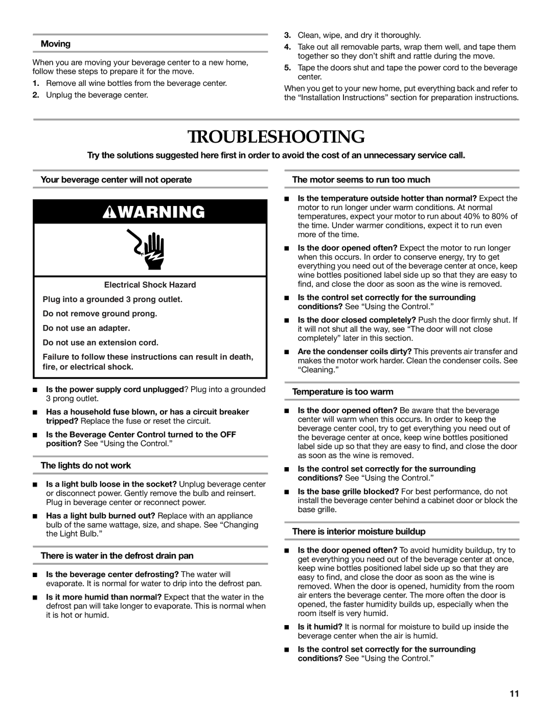 KitchenAid Overlay Model Beverage Center manual Troubleshooting 