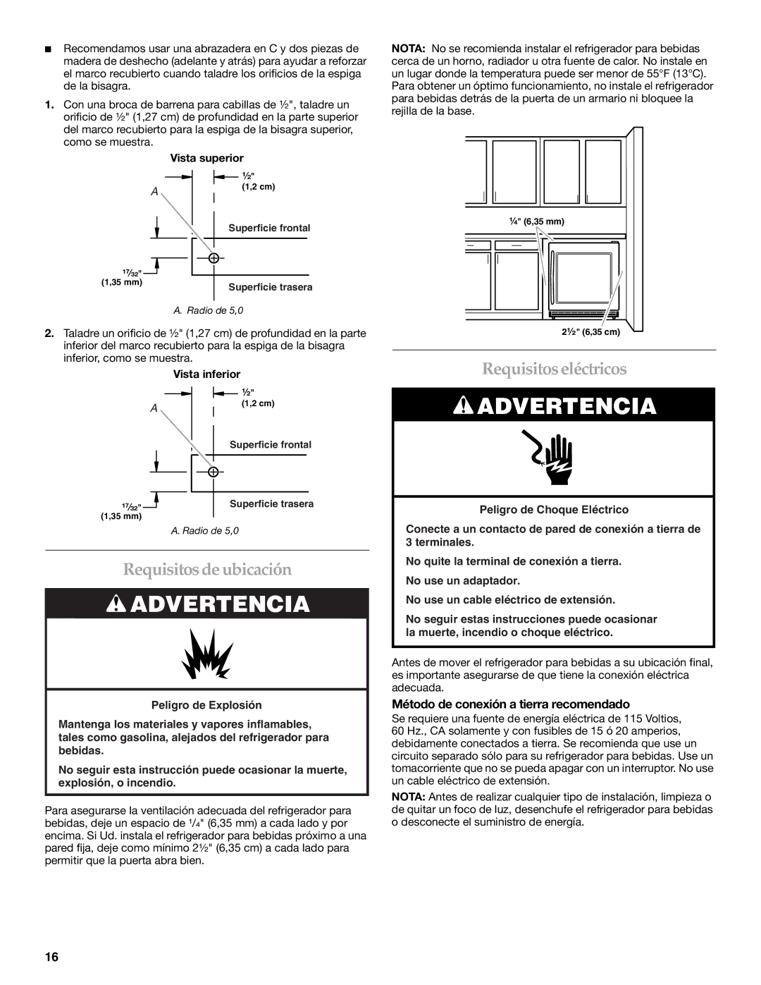 KitchenAid Overlay Model Beverage Center Requisitosde ubicación, Requisitoseléctricos, Vista superior, Vista inferior 