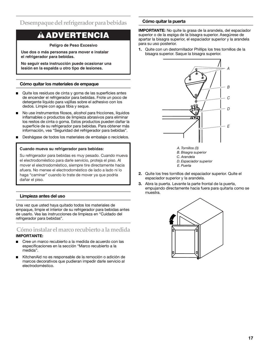 KitchenAid Overlay Model Beverage Center manual Desempaque del refrigerador para bebidas, Cómo quitar la puerta 