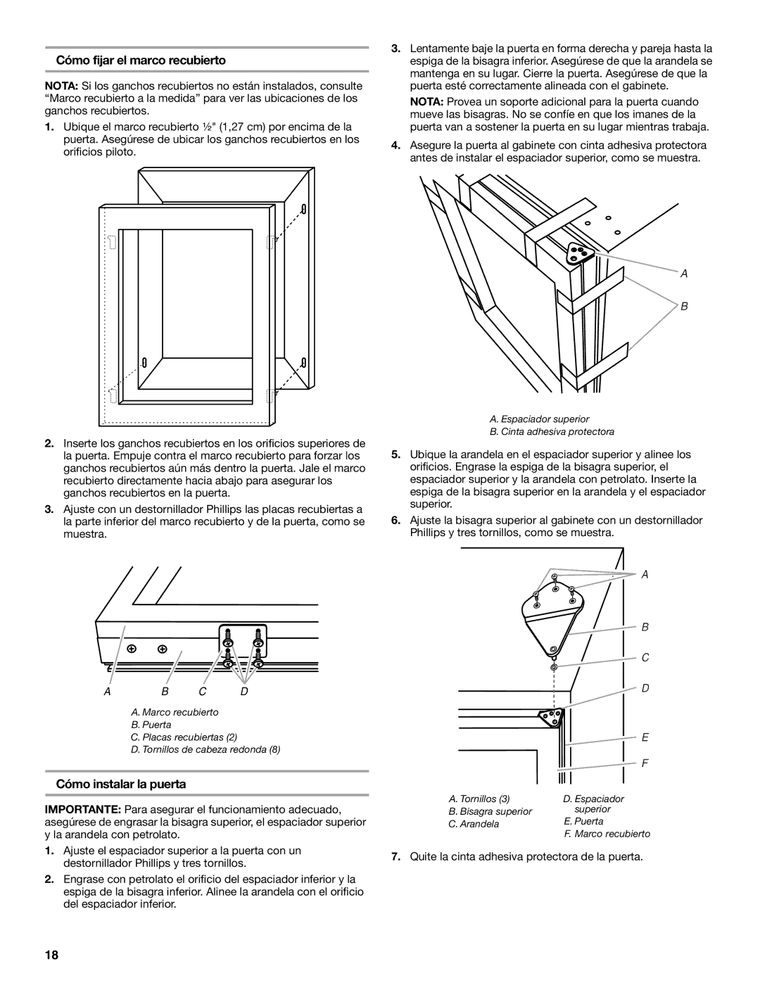 KitchenAid Overlay Model Beverage Center manual Cómo fijar el marco recubierto, Cómo instalar la puerta 