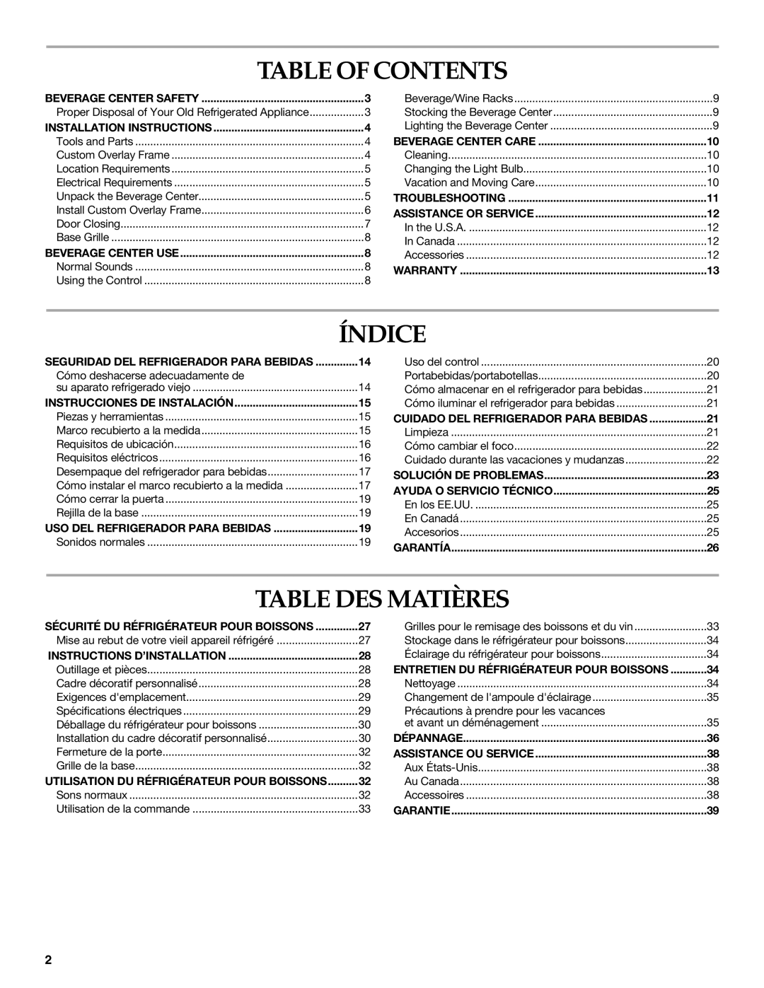 KitchenAid Overlay Model Beverage Center manual Table of Contents, Índice, Table DES Matières 