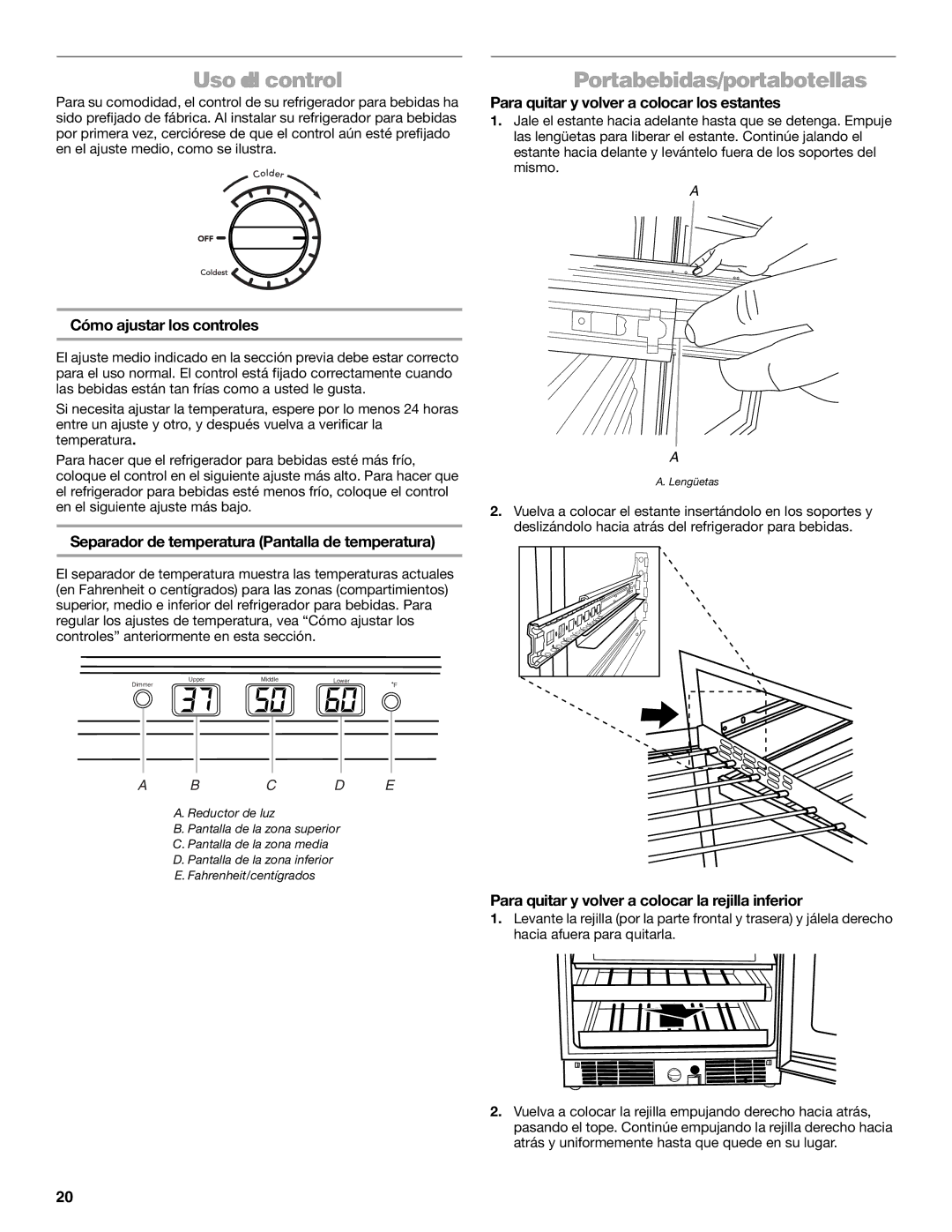 KitchenAid Overlay Model Beverage Center manual Usodel control, Portabebidas/portabotellas 