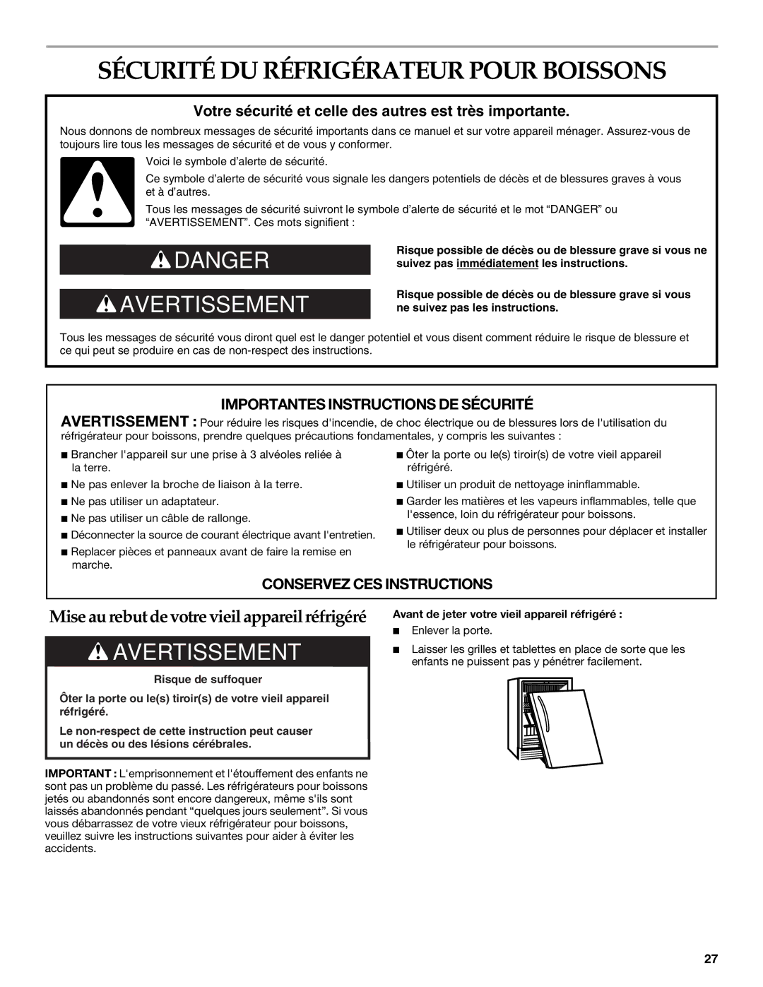 KitchenAid Overlay Model Beverage Center manual Sécurité DU Réfrigérateur Pour Boissons 