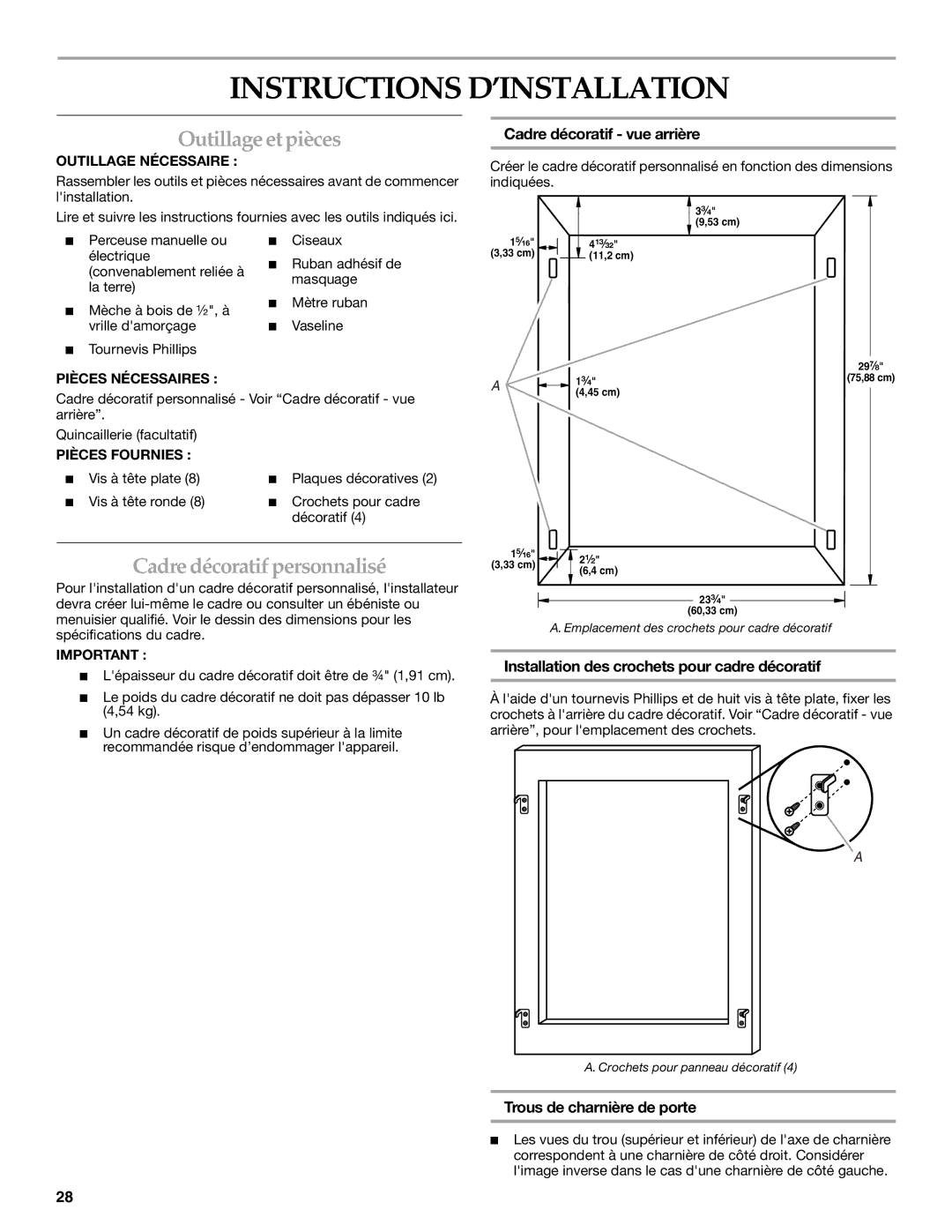 KitchenAid Overlay Model Beverage Center Instructions D’INSTALLATION, Outillage etpièces, Cadre décoratif personnalisé 