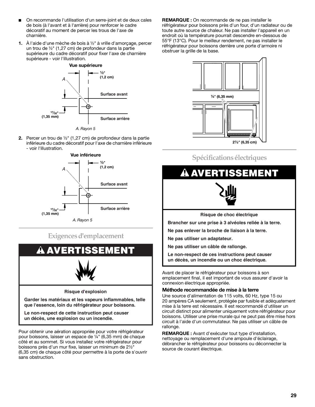 KitchenAid Overlay Model Beverage Center Spécificationsélectriques, Exigences demplacement, Vue supérieure, Vue inférieure 