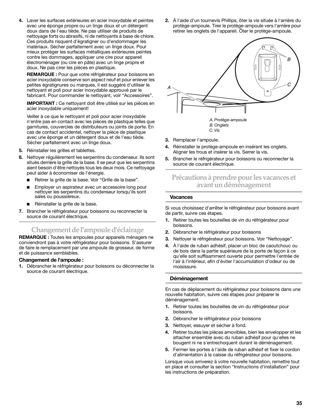 KitchenAid Overlay Model Beverage Center manual Changement de lampoule déclairage, Vacances, Déménagement 