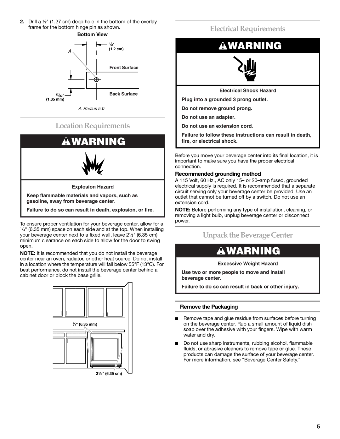 KitchenAid Overlay Model Beverage Center manual Electrical Requirements, Location Requirements, Unpack the Beverage Center 