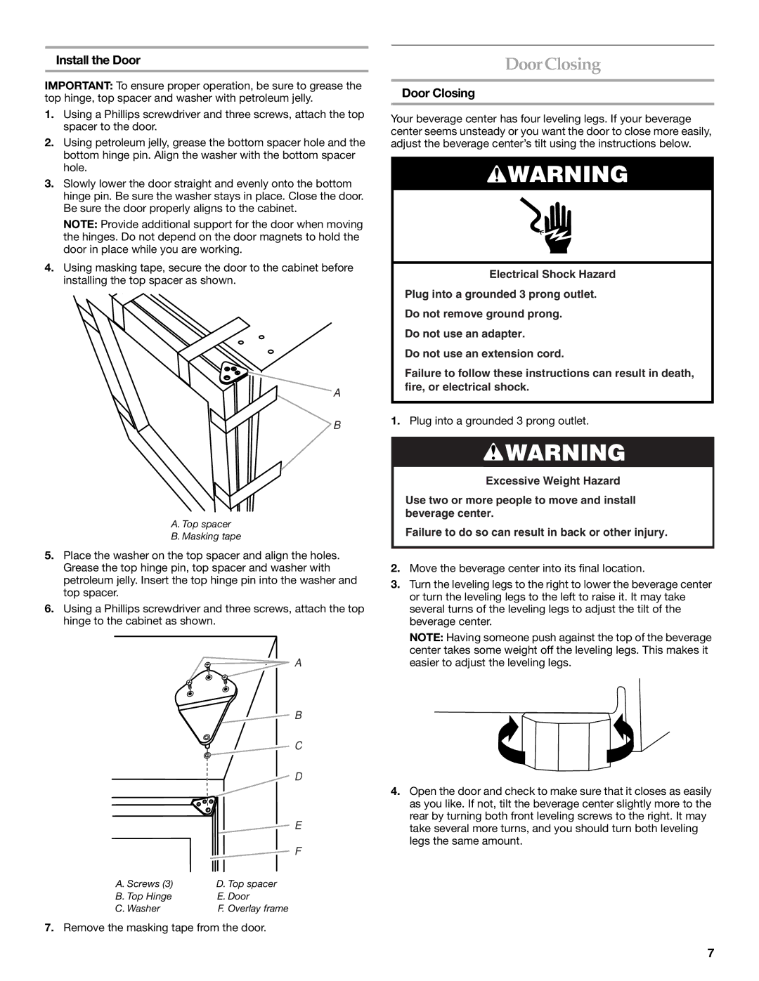 KitchenAid Overlay Model Beverage Center manual DoorClosing, Install the Door, Door Closing 