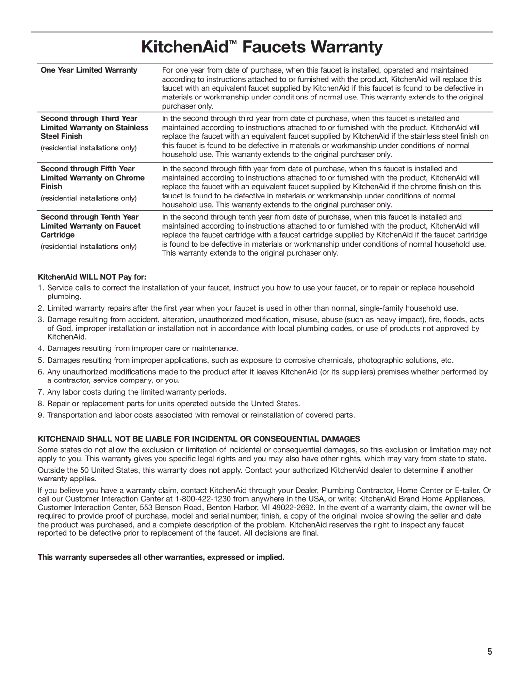 KitchenAid Plumbing Product, KKFV01SP, 311, KKFV01PP, KKFV01LP installation instructions KitchenAid Faucets Warranty 