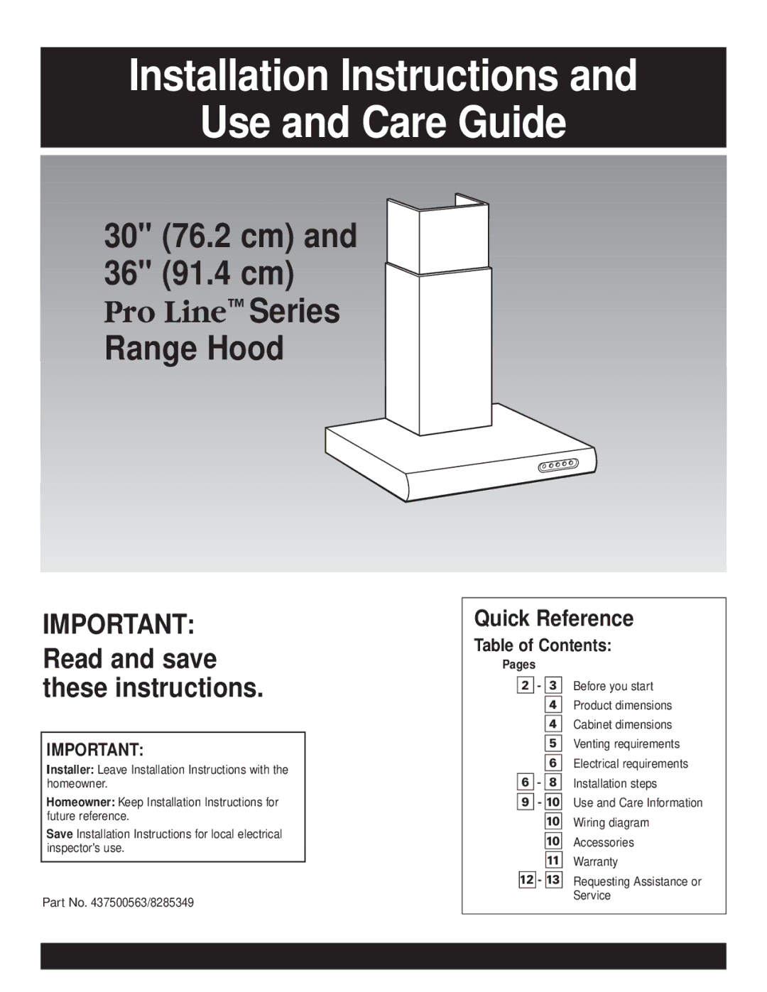 KitchenAid Pro Line Series installation instructions Installation Instructions Use and Care Guide, Quick Reference 