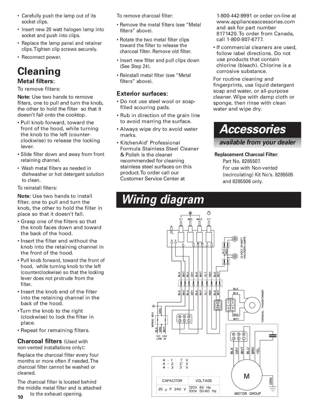 KitchenAid Pro Line Series installation instructions Wiring diagram, Accessories, Cleaning, Replacement Charcoal Filter 