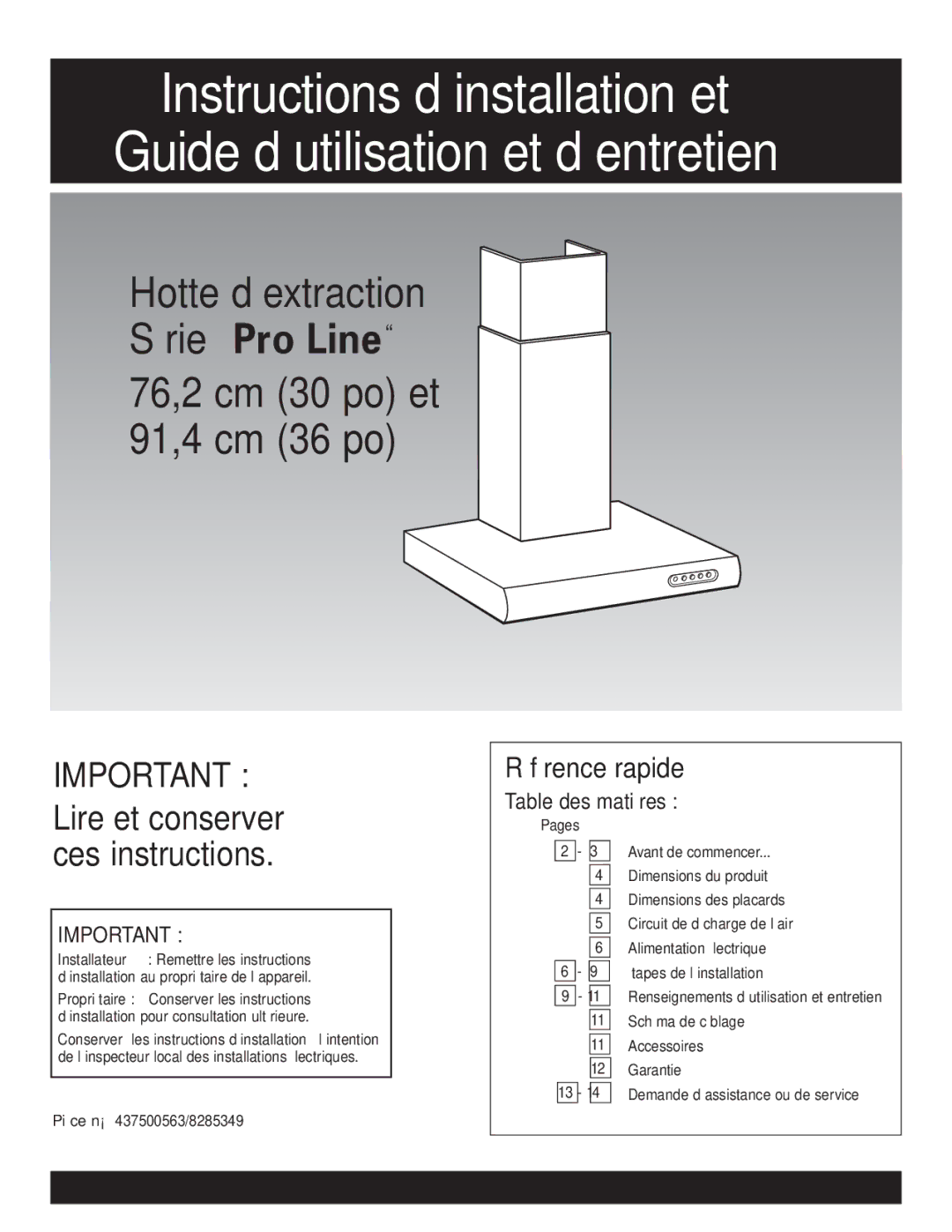 KitchenAid Pro Line Series installation instructions Référence rapide, Pièce n 437500563/8285349, Étapes de l’installation 