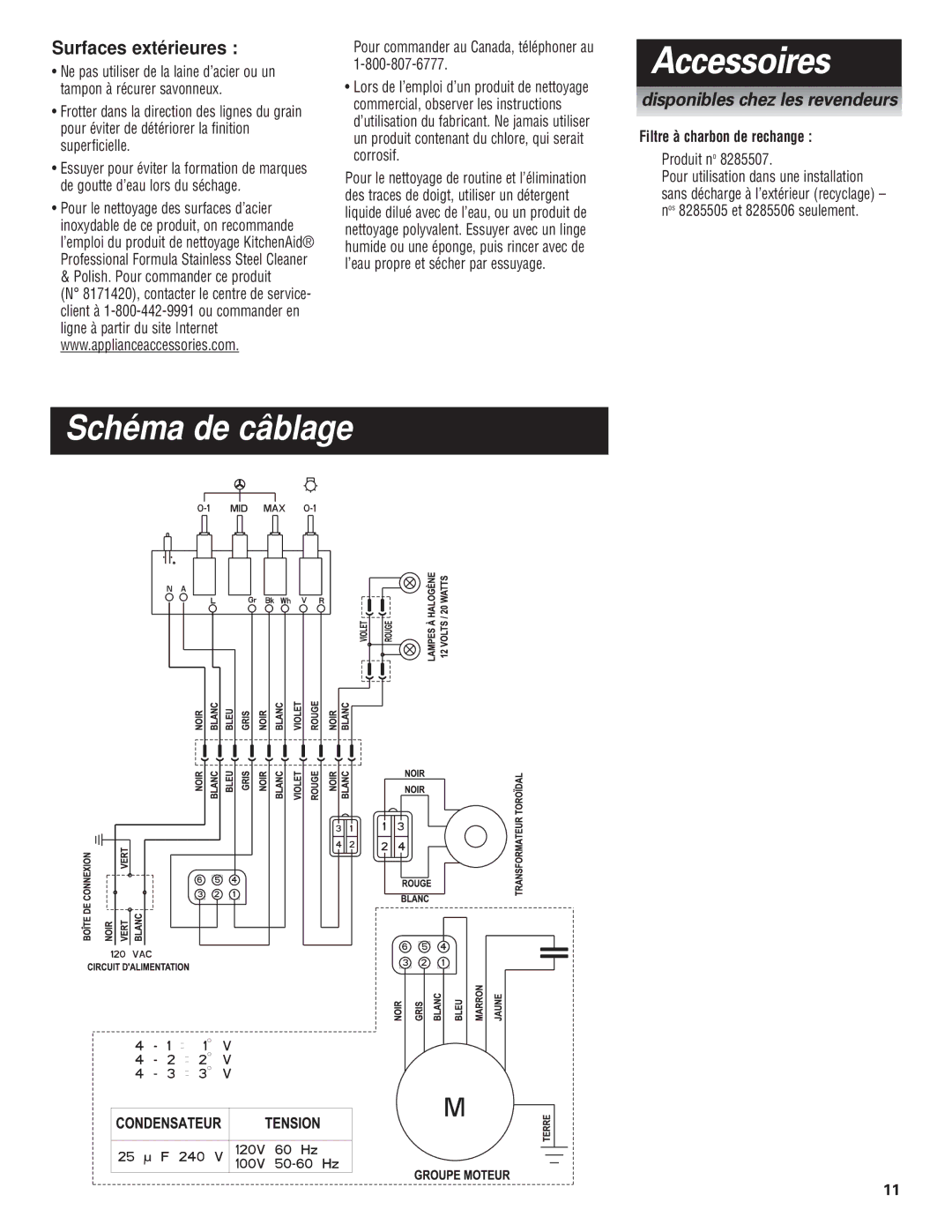 KitchenAid Pro Line Series Accessoires, Schéma de câblage, Pour commander au Canada, téléphoner au, Produit no 