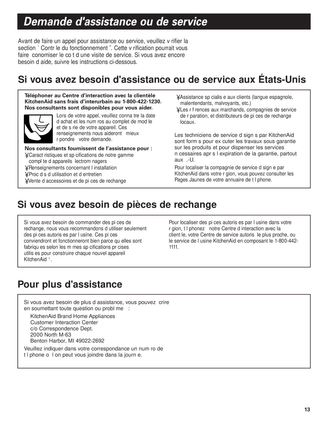 KitchenAid Pro Line Series installation instructions Si vous avez besoin de pièces de rechange, Pour plus dassistance 