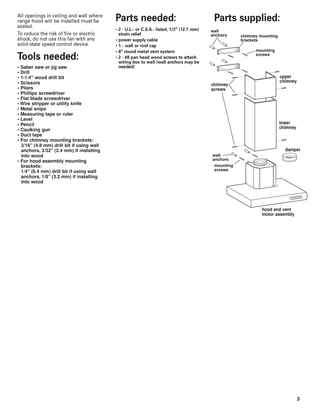 KitchenAid Pro Line Series Tools needed Parts needed, Parts supplied, Wall anchors Mounting screws 