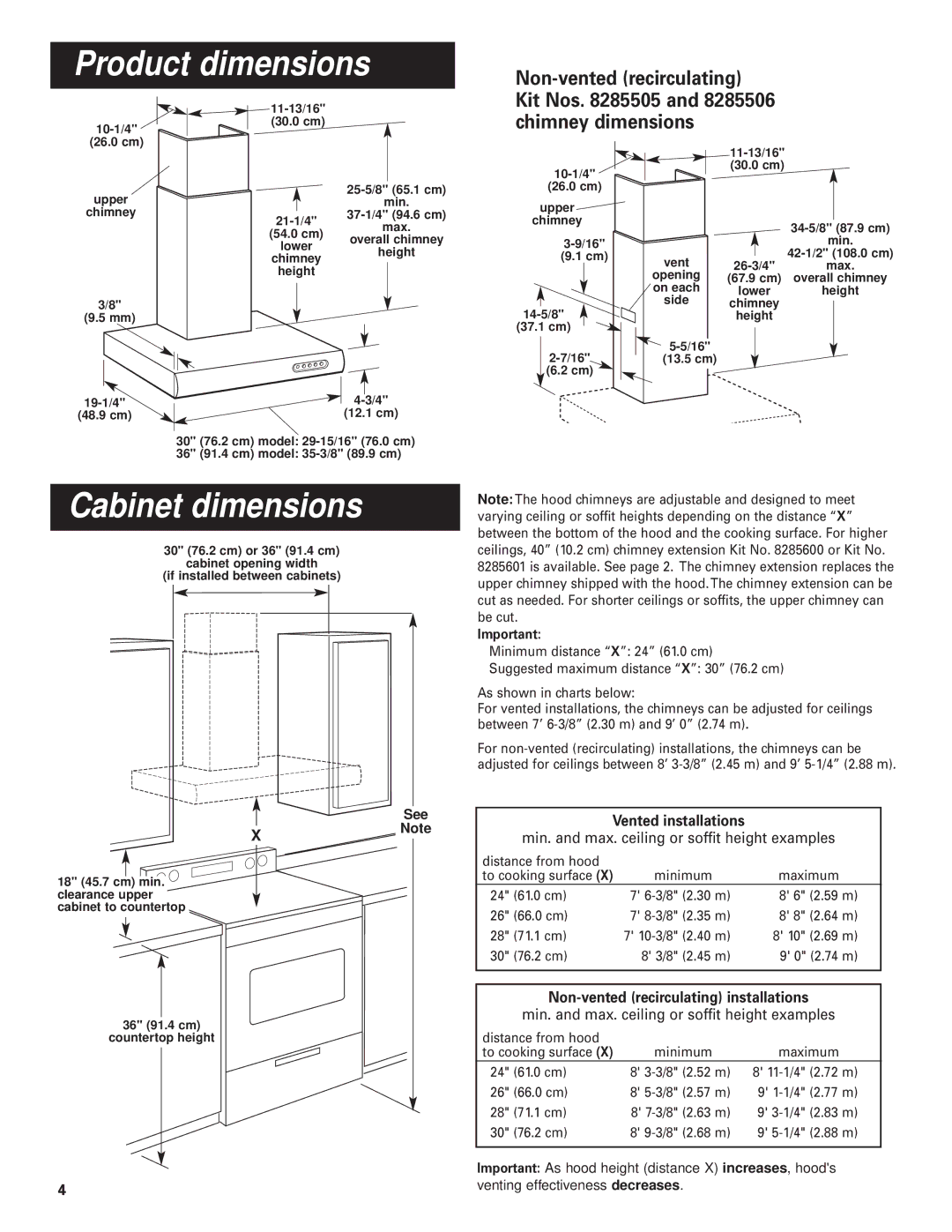 KitchenAid Pro Line Series installation instructions Product dimensions, Cabinet dimensions, Vented installations 