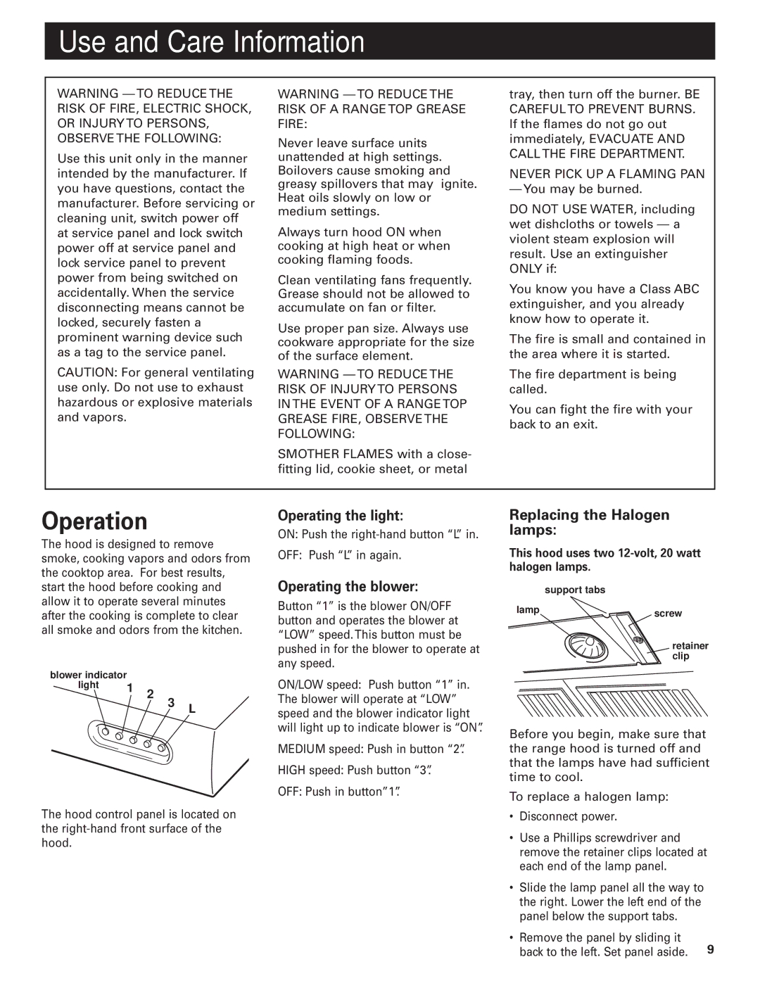 KitchenAid Pro Line Series Use and Care Information, Operation, This hood uses two 12-volt, 20 watt halogen lamps 