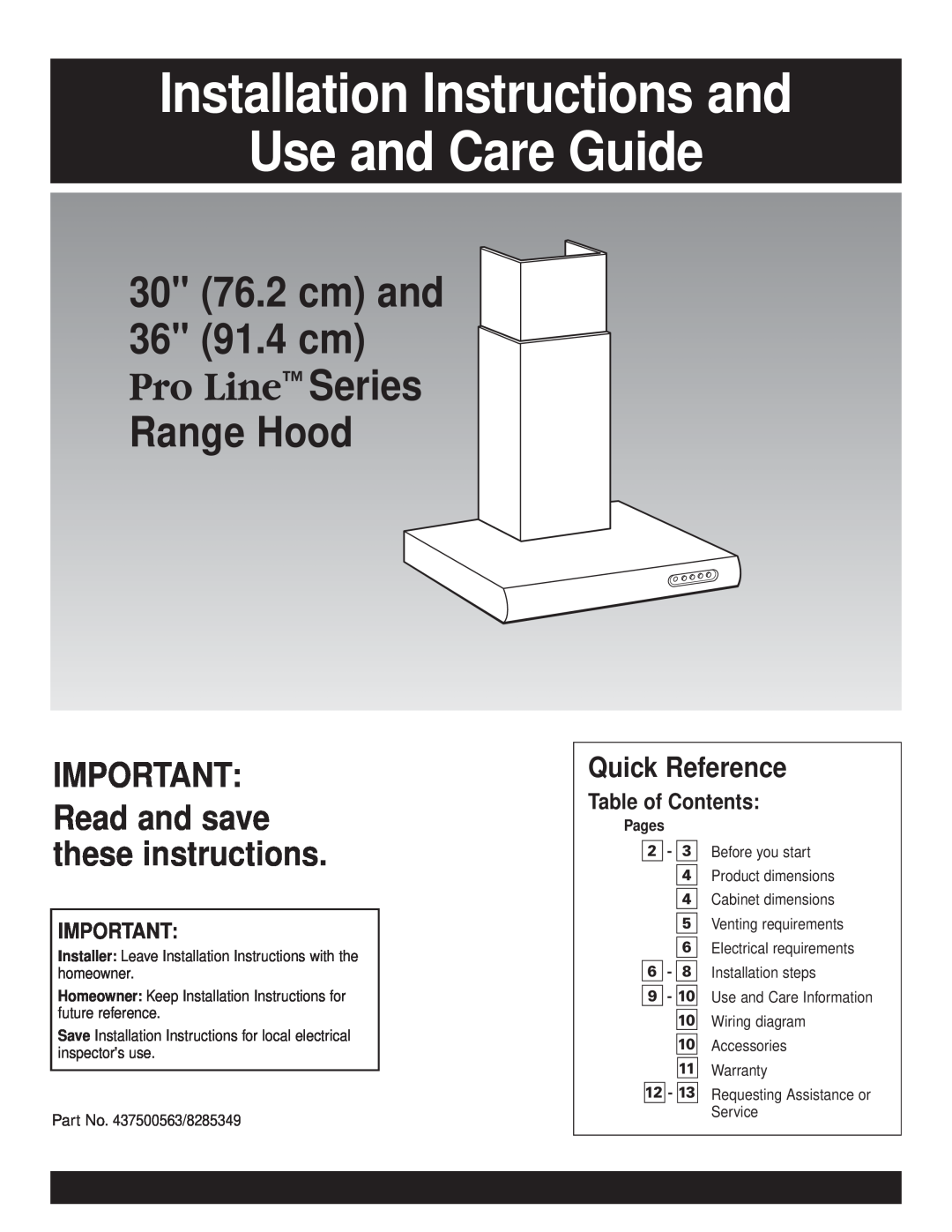 KitchenAid Pro Line Series installation instructions Installation Instructions and Use and Care Guide, Range Hood, Pages 
